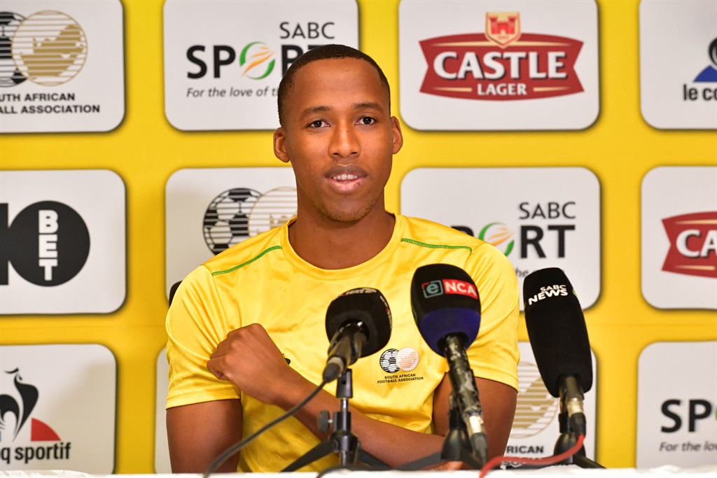 Mihlali Mayambela of Bafana Bafana during a team press conference at FNB Stadium on 12 October 2023 in Johannesburg, South Africa. 