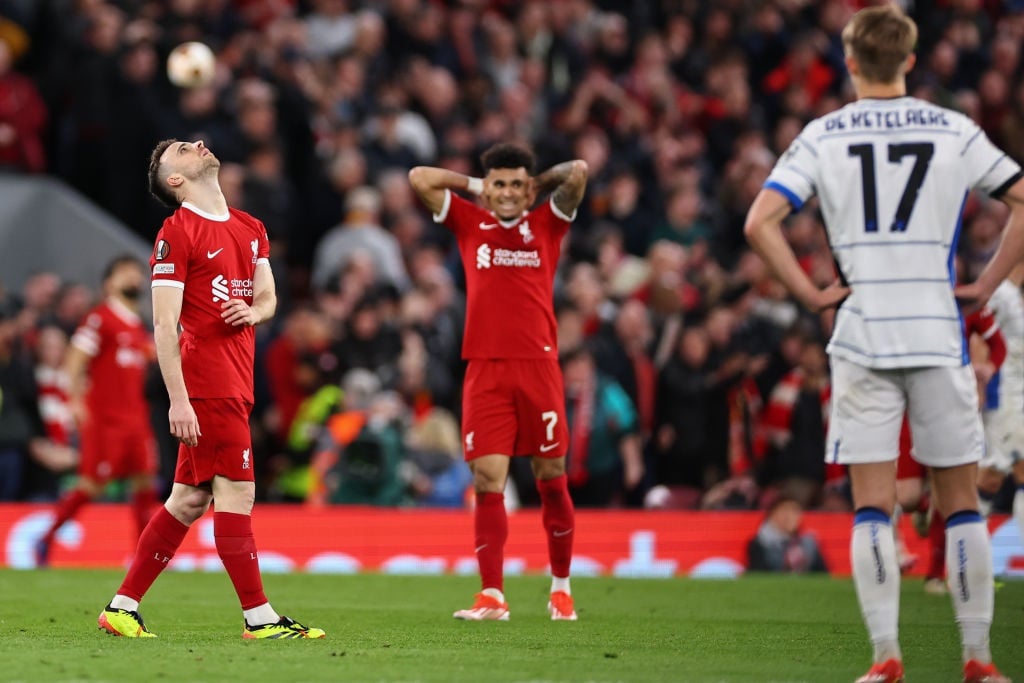 LIVERPOOL, ENGLAND - APRIL 11: A dejected Diogo Jota of Liverpool during the UEFA Europa League 2023/24 Quarter-Final first leg match between Liverpool FC and Atalanta at Anfield on April 11, 2024 in Liverpool, England.(Photo by Robbie Jay Barratt - AMA/Getty Images)
