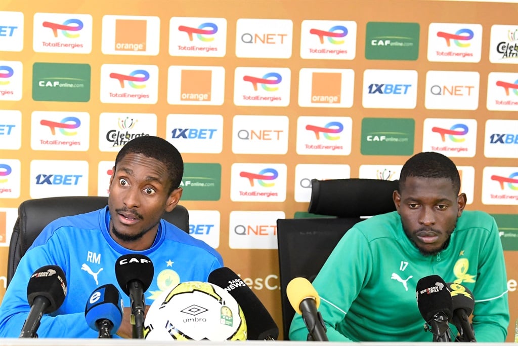 Rulani Mokwena and Aubrey Modiba during the Mamelodi Sundowns press conference at Chloorkop on 18 May 2023 in Midrand, South Africa. 