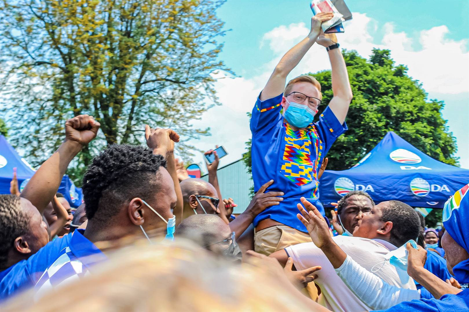 DA Mayoral Candidate Christopher Pappas celebrates with DA supporters at Howick Falls after winning 2021 municipal elections.