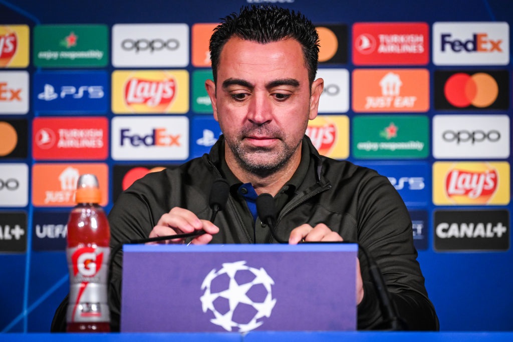 PARIS, FRANCE - APRIL 9: Coach Xavi Hernandez of FC Barcelona during a press conference prior to the UEFA Champions League 2023/24 match between Paris Saint-Germain and FC Barcelona at Parc des Princes on April 9, 2024 in Paris, France. (Photo by Matthieu Mirville/BSR Agency/Getty Images)
