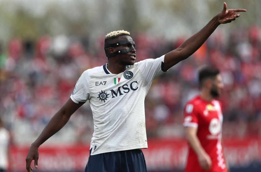 MONZA, ITALY - APRIL 07: Victor Osimhen of SSC Napoli reacts during the Serie A TIM match between AC Monza and SSC Napoli at U-Power Stadium on April 07, 2024 in Monza, Italy. (Photo by Marco Luzzani/Getty Images)