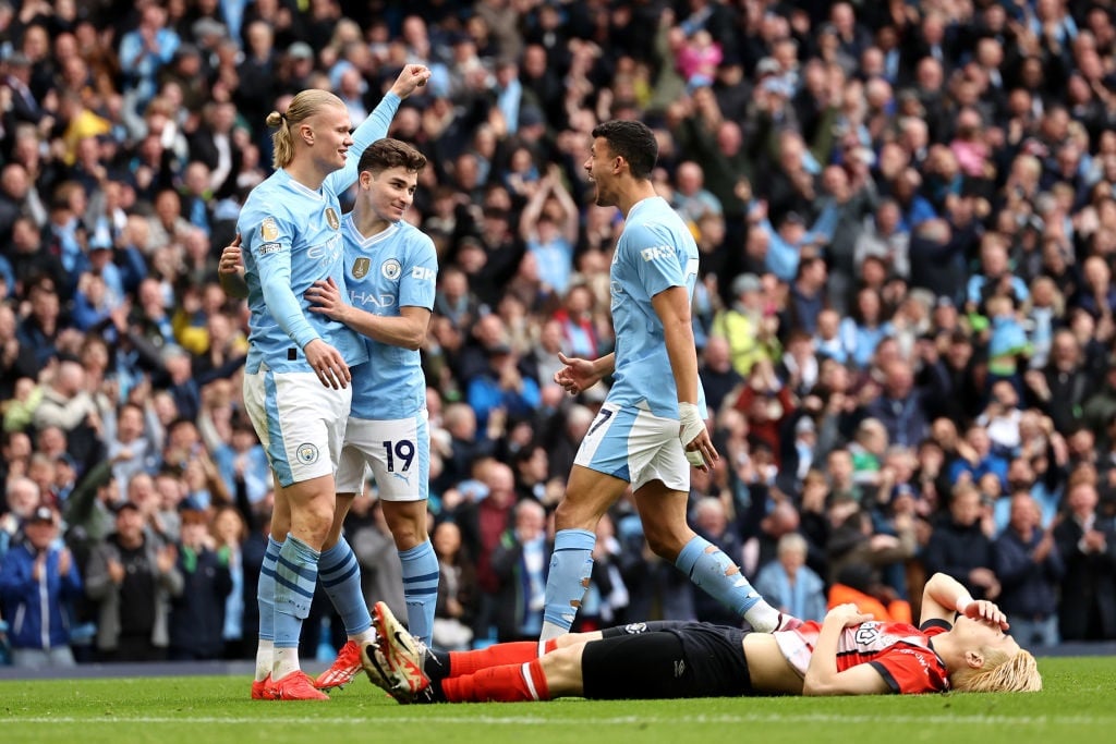 MANCHESTER, ENGLAND - APRIL 13: Erling Haaland, Julian Alvarez and Matheus Nunes of Manchester City celebrate their teams first goal, an own-goal scored by Daiki Hashioka of Luton Town during the Premier League match between Manchester City and Luton Town at Etihad Stadium on April 13, 2024 in Manchester, England. (Photo by Matt McNulty/Getty Images) (Photo by Matt McNulty/Getty Images)