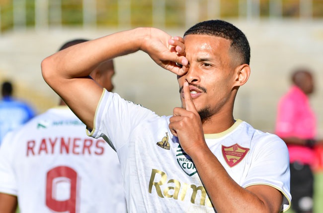 Devin Titus of Stellenbosch FC celebrates scoring a goal during the Nedbank Cup quarter-final against SuperSport United at Danie Craven Stadium on 13 April 2024. (Grant Pitcher/Gallo Images)