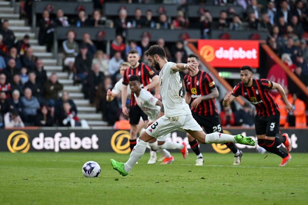 BOURNEMOUTH, ENGLAND - APRIL 13: Bruno Fernandes of Manchester United scores his teams second goal from the penalty spot during the Premier League match between AFC Bournemouth and Manchester United at Vitality Stadium on April 13, 2024 in Bournemouth, England. (Photo by Dan Mullan/Getty Images) (Photo by Dan Mullan/Getty Images)