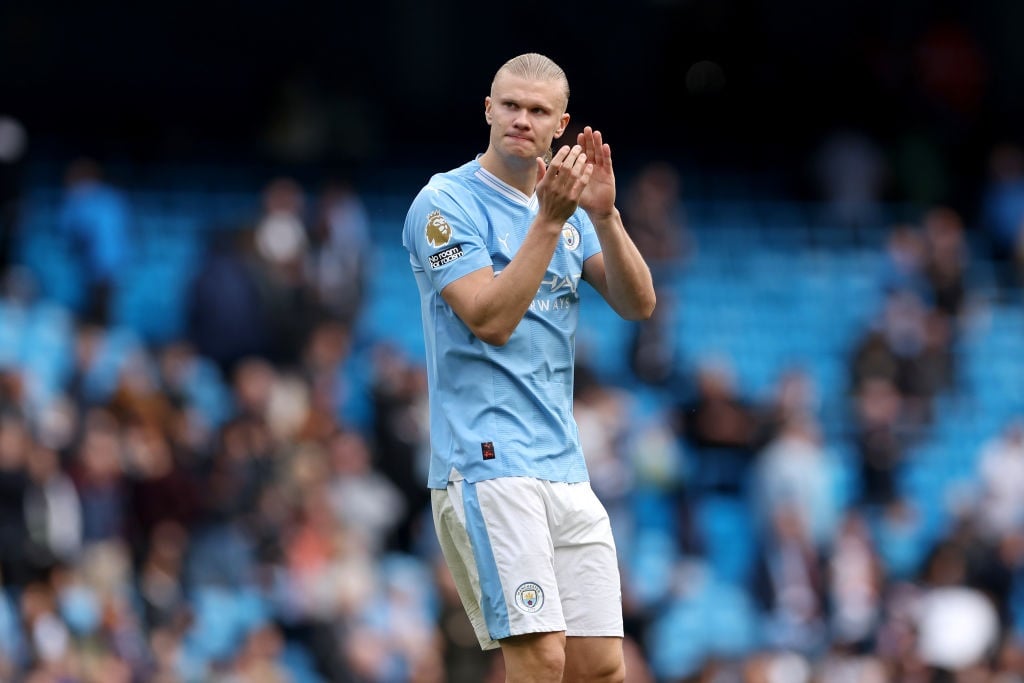MANCHESTER, ENGLAND - APRIL 13: Erling Haaland of Manchester City applauds the fans following the teams victory during the Premier League match between Manchester City and Luton Town at Etihad Stadium on April 13, 2024 in Manchester, England. (Photo by Alex Livesey/Getty Images) (Photo by Alex Livesey/Getty Images)