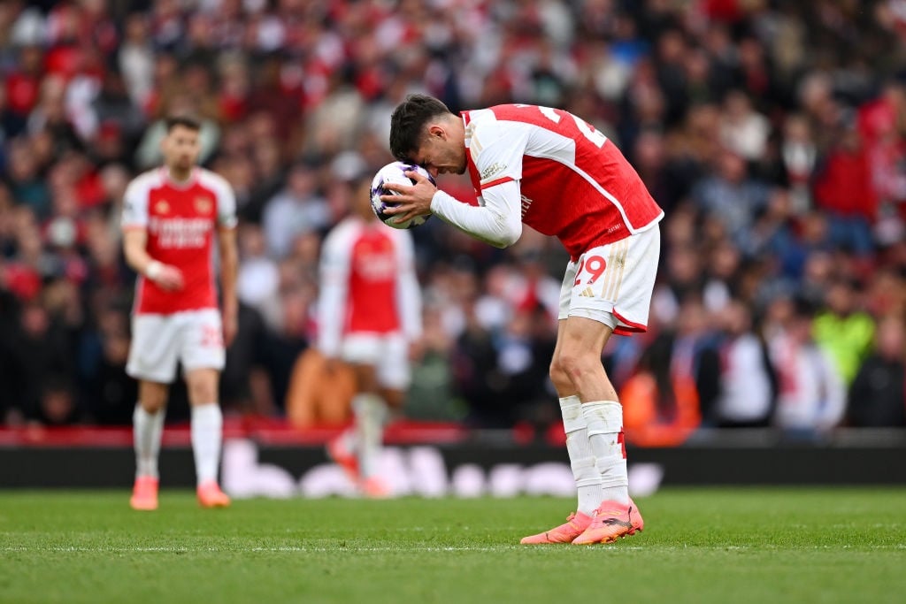LONDON, ENGLAND - APRIL 14: Kai Havertz of Arsenal looks dejected after conceding their teams second goal which was scored by Ollie Watkins of Aston Villa (not pictured during the Premier League match between Arsenal FC and Aston Villa at Emirates Stadium on April 14, 2024 in London, England. (Photo by Shaun Botterill/Getty Images)