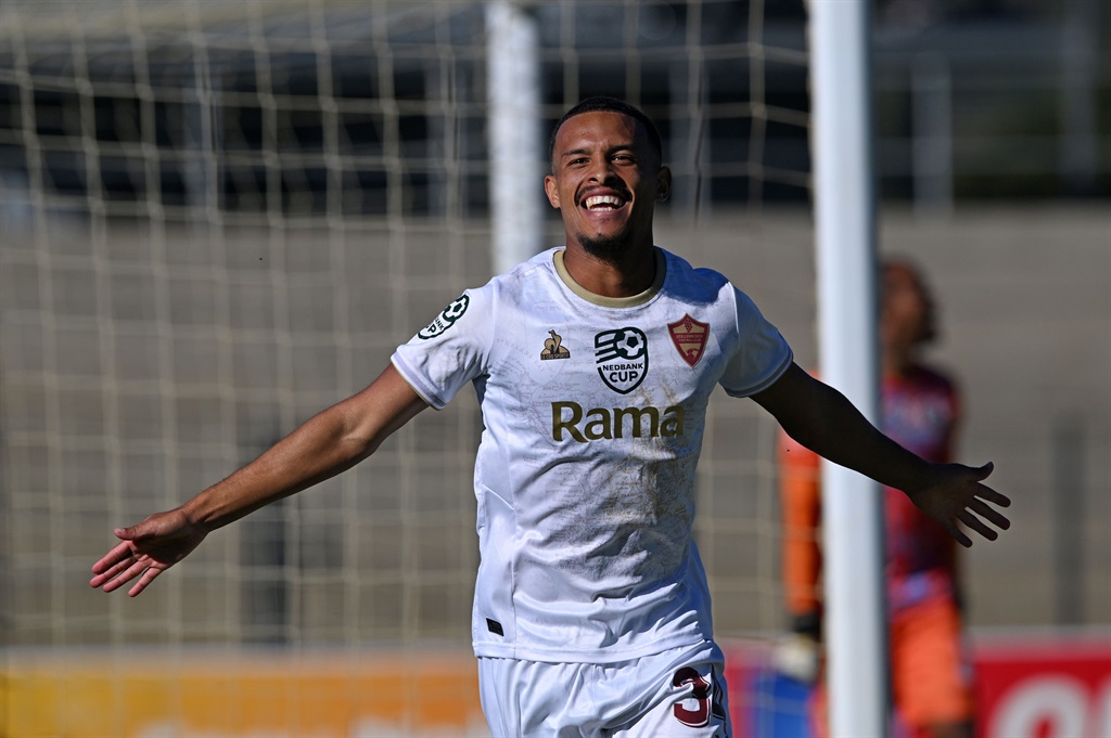 Devin Titus of Stellenbosch FC celebrates his goal during the 2024 Nedbank Cup quarterfinal game between Stellenbosch FC and Supersport United at Danie Craven Stadium on 13 April 2024 Â©Ryan Wilkisky/BackpagePix