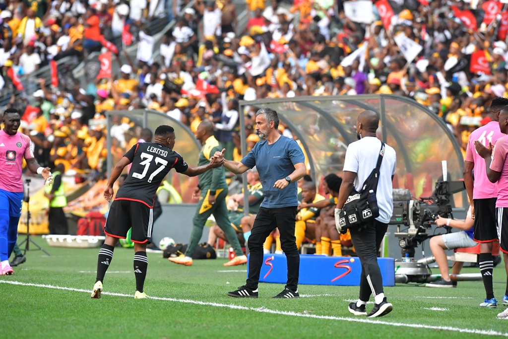 JOHANNESBURG, SOUTH AFRICA - MARCH 09:  Orlando Pirates bench celebrates their teamÕs goal during the DStv Premiership match between Orlando Pirates and Kaizer Chiefs at FNB Stadium on March 09, 2024 in Johannesburg, South Africa. (Photo by Sydney Seshibedi/Gallo Images)