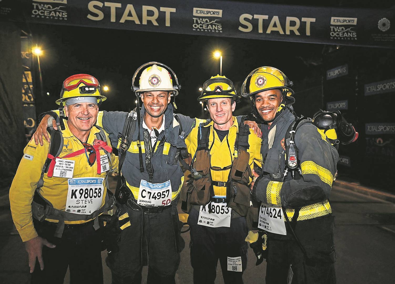 Helderberg firefighters Jermaine Carelse (second from left) and Renaldo Duncan (far right), and their Volunteer Wildfire Services (VWS) counterparts Liam Gannon and Steve Akester finished this past weekend’s Two Oceans half-marathon in just two hours and 46 minutes, to raise funds for the VWS. Sharing their reflections on the race, they darted from the starting line together and crossed the finish line together. It is a remarkable feat, considering the weight they were carrying, not to mention their modest aspiration to just “finish” the race before the cut-off time of three hours and 30 minutes. “We are all incredibly proud of these firefighters who have not just walked the talk, but run it too,” read a statement by the City of Cape Town. “They have once again shone a spotlight on the incredibly tough job that firefighting is, and what is required, but also the very good work that the VWS does alongside its City and TMNP counterparts each year to combat the many wildfires that Cape Town is prone to.” While the group has completed the mission, members of the public can still make donations to VWS to support their work and praise the runners for their heroism. Donations can be made directly through the VWS website, www.vws.org.za o