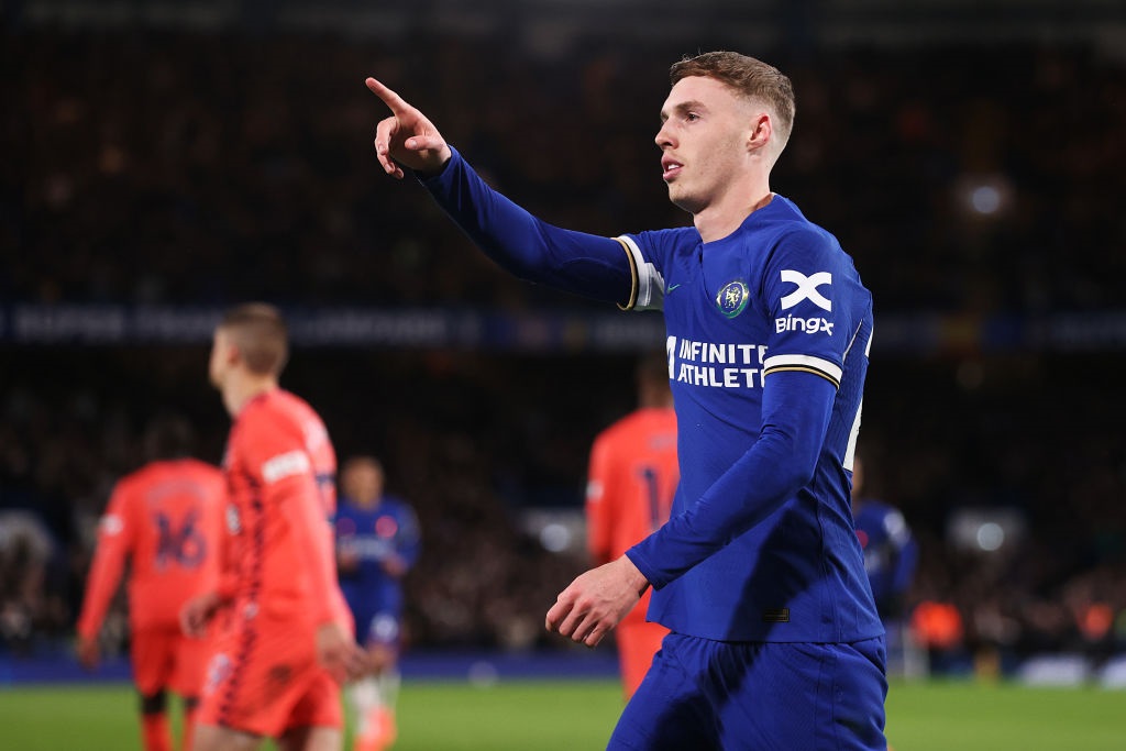 LONDON, ENGLAND - APRIL 15: Cole Palmer of Chelsea celebrates scoring his teams fifth goal, his fourth, from a penalty during the Premier League match between Chelsea FC and Everton FC at Stamford Bridge on April 15, 2024 in London, England. (Photo by Alex Pantling/Getty Images)