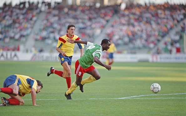 Roger Milla (right) participated in three FIFA World Cup tournaments, helping Cameroon reach the quarter-finals of the 1990 edition.