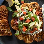 Cheesy noodle waffles with avocado salsa