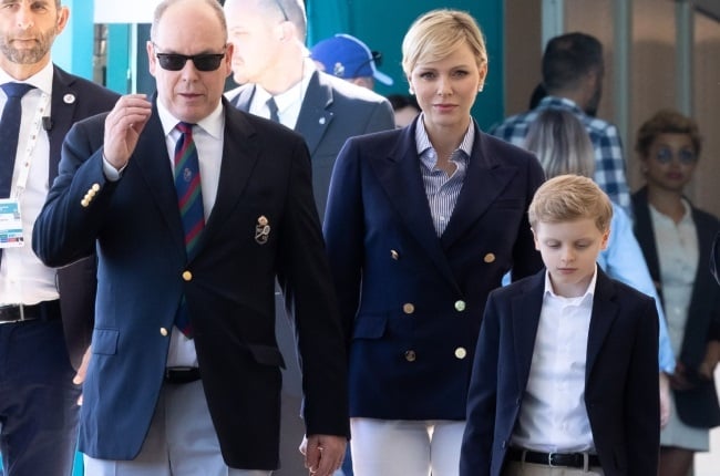 Prince Albert, Princess Charlene and Prince Jacques make their fashionable arrival at the Rolex Monte-Carlo Masters finals on 14 April. (PHOTO: Gallo Images/Getty Images)  