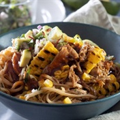Noodles with sticky pulled pork and charred corn