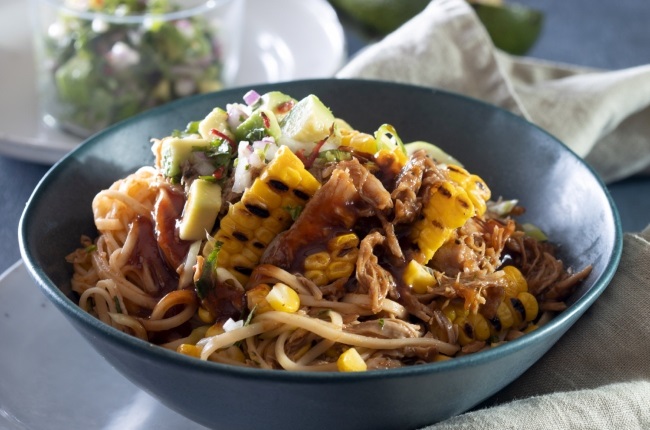 Noodles with sticky pulled pork and charred corn. (PHOTO: Misha Jordaan) 