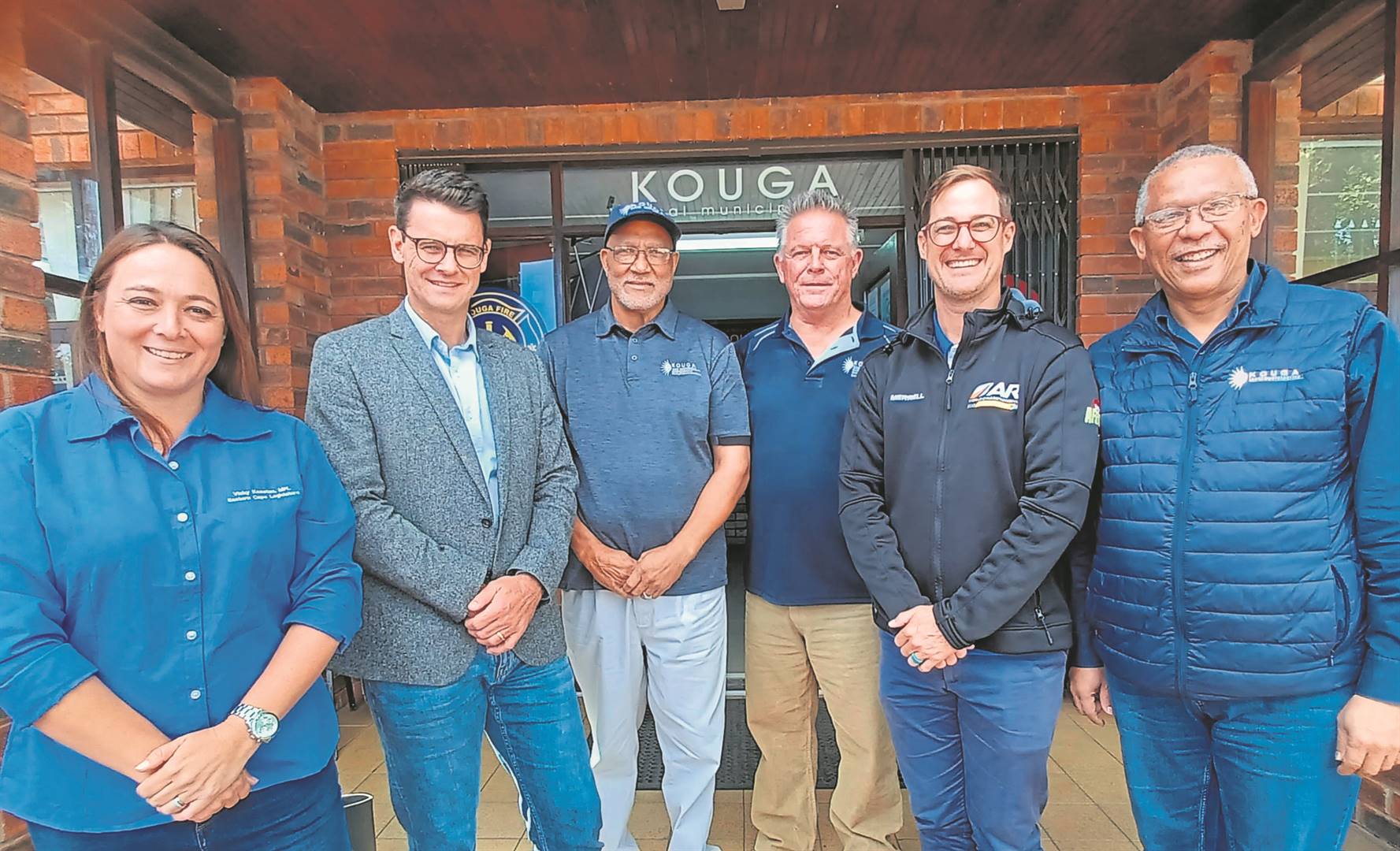 From left are dr Vicky Knoetze MPL (Tsitsi-Kouga Constituency Leader), Andrew Whitfield MP (DA Eastern Cape provincial leader), Danny Benson (MMC for Safety and Security), David Phelan (manager of Incident Command Centre), Hattingh Bornman (Kouga executive mayor) and Timothy Jantjes (Kouga executive deputy mayor).