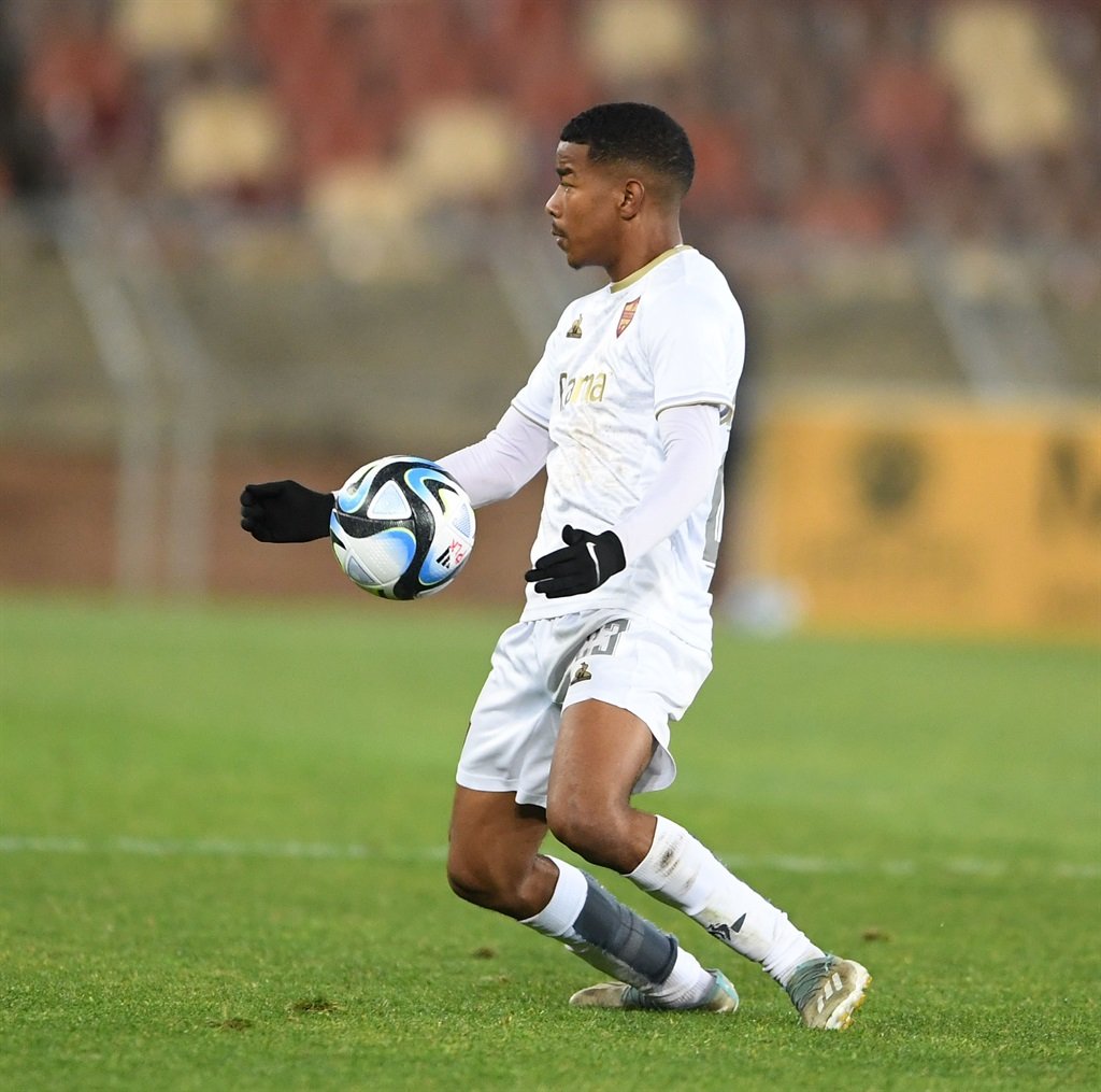 POLOKWANE, SOUTH AFRICA - AUGUST 09: Jayden Adams of Stellenbosch FC during the DStv Premiership match between Polokwane City and Stellenbosch FC at New Peter Mokaba Stadium on August 09, 2023 in Polokwane, South Africa. (Photo by Philip Maeta/Gallo Images)