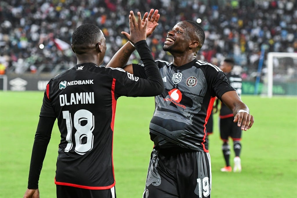DURBAN, SOUTH AFRICA - APRIL 13: Kabelo Dlamini of Orlando Pirates celebrates with Tshegofatso Mabasa of Orlando Pirates during the Nedbank Cup, Quarter Final match between AmaZulu FC and Orlando Pirates at Moses Mabhida Stadium on April 13, 2024 in Durban, South Africa. (Photo by Darren Stewart/Gallo Images)