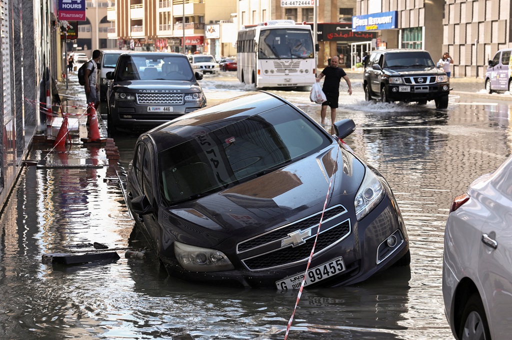 A car is stranded in flood water caused by heavy rains, in Dubai, United Arab Emirates on 17 April 2024 