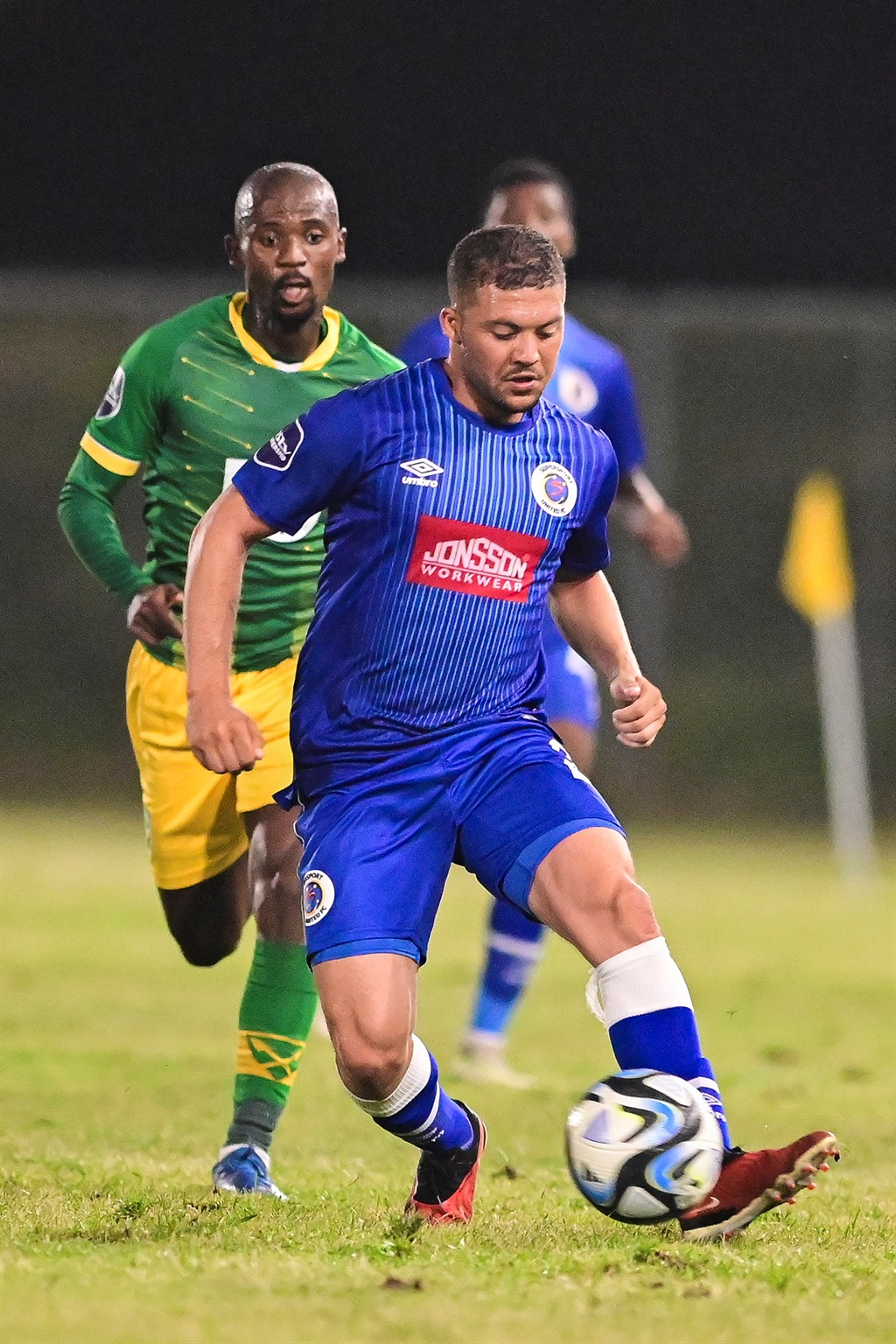 HAMMERSDALE, SOUTH AFRICA - APRIL 03: Grant Margeman of Supersport United FC and Nduduzo Sibiya of Golden Arrows FC during the DStv Premiership match between Golden Arrows and SuperSport United at Mpumalanga Stadium on April 03, 2024 in Hammersdale, South Africa. (Photo by Darren Stewart/Gallo Images)
