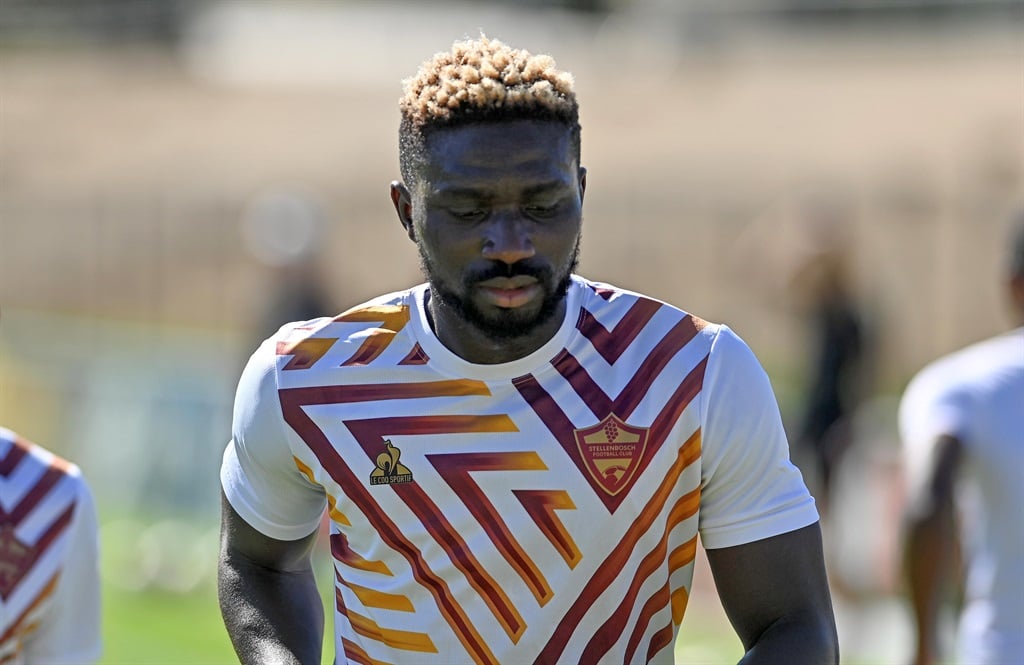 Ismael Olivier Toure of Stellenbosch warms up during the DStv Premiership 2023/24 game between Stellenbosch FC and Royal AM at Danie Craven Stadium on 30 March 2024 