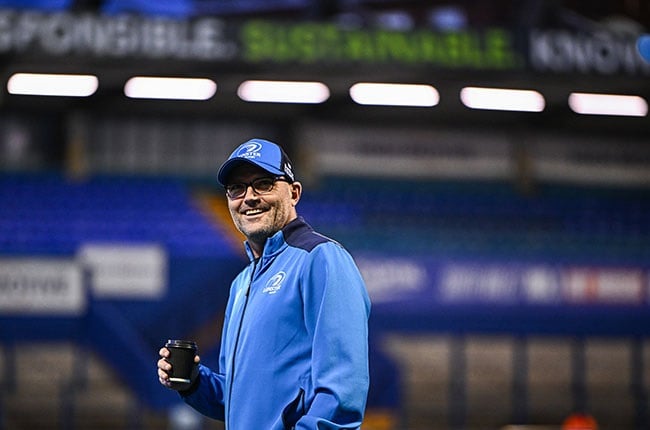 Leinster senior coach Jacques Nienaber during the URC meeting with Cardiff Blues in March. (Harry Murphy/Sportsfile via Getty Images)