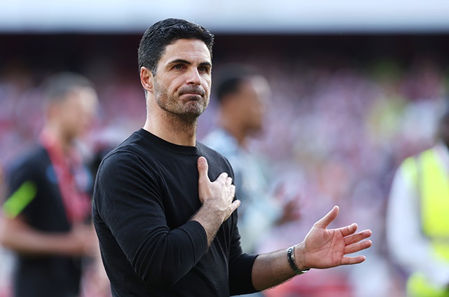 Arsenal manager Mikel Arteta speaks to the fans after the ends of the Premier League season on Sunday (Julian Finney/Getty Images)