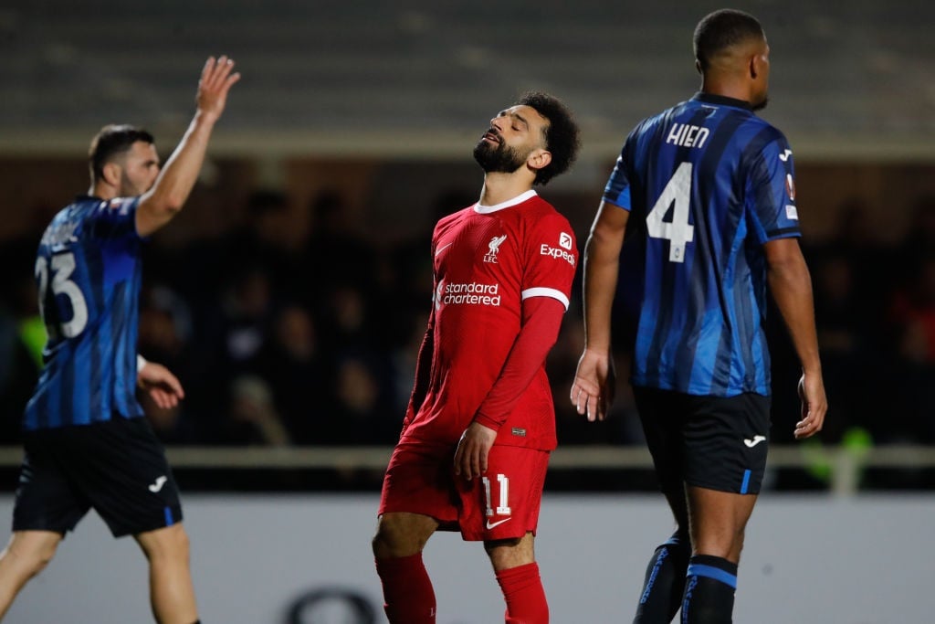 BERGAMO, ITALY - APRIL 18: Mohamed Salah of Liverpool reacts after a missed scoring chance during the UEFA Europa League 2023/24 Quarter-Final second leg match between Atalanta and Liverpool FC at Stadio Atleti Azzurri dItalia on April 18, 2024 in Bergamo, Italy. (Photo by Timothy Rogers/Getty Images)