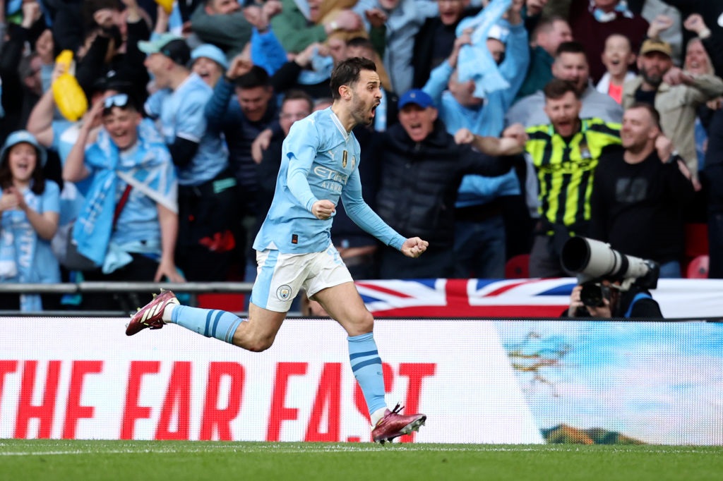 LONDON, ENGLAND - APRIL 20: Bernardo Silva of Manchester City celebrates after scoring the teams first goal during the Emirates FA Cup Semi Final match between Manchester City and Chelsea at Wembley Stadium on April 20, 2024 in London, England. (Photo by Ed Sykes/Sportsphoto/Allstar via Getty Images)