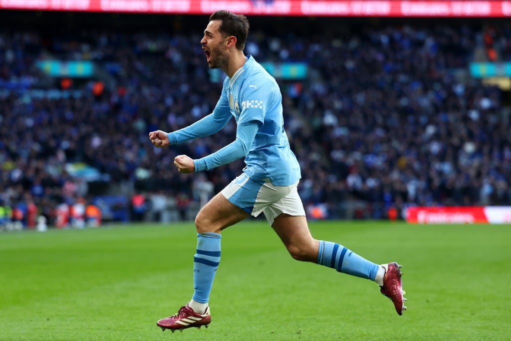 LONDON, ENGLAND - APRIL 20: Bernardo Silva of Manchester City celebrates scoring the opening goal during the Emirates FA Cup Semi Final match between Manchester City and Chelsea at Wembley Stadium on April 20, 2024 in London, England. (Photo by Chris Brunskill/Fantasista/Getty Images)