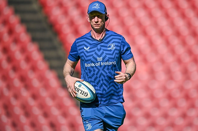 Leinster head coach Leo Cullen during his team's warm-up for the URC meeting with the Lions at Ellis Park on Saturday. (Harry Murphy/Sportsfile via Getty Images)
