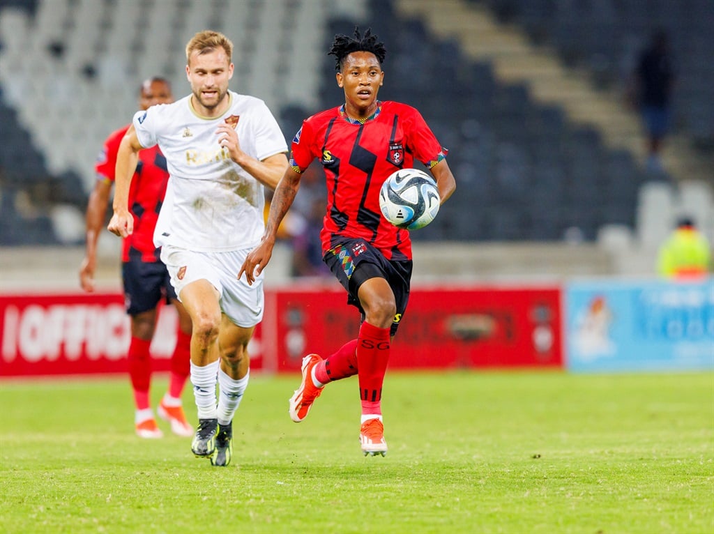 NELSPRUIT, SOUTH AFRICA - APRIL 21: Puso Dithejane of TS Galaxy FC during the DStv Premiership match between TS Galaxy and Stellenbosch FC at Mbombela Stadium on April 21, 2024 in Nelspruit, South Africa. (Photo by Dirk Kotze/Gallo Images)