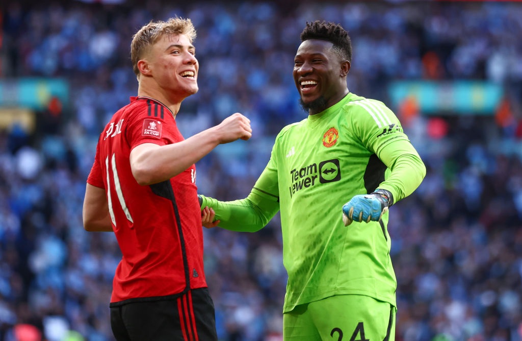 LONDON, ENGLAND - APRIL 21: Rasmus Hoejlund and Andre Onana of Manchester United celebrate after the penalty shootout during the Emirates FA Cup Semi Final match between Coventry City and Manchester United at Wembley Stadium on April 21, 2024 in London, England.(Photo by Marc Atkins/Getty Images)