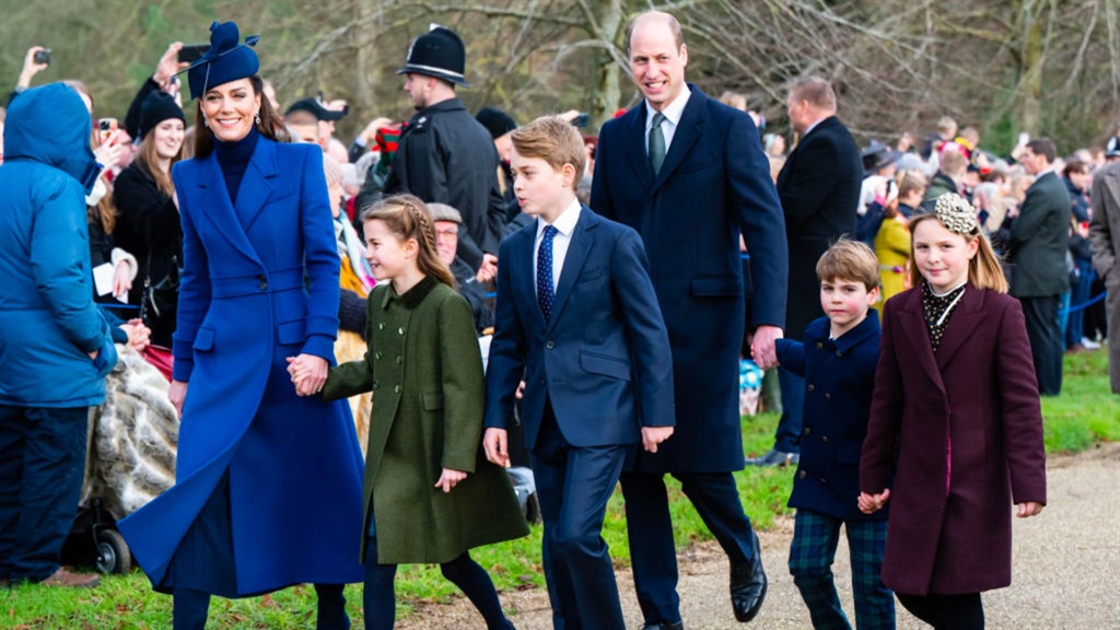 Catherine, Princess of Wales, Princess Charlotte of Wales, Prince George of Wales, Prince William, Prince of Wales, Prince Louis of Wales and Mia Tindall attend a 2023 Christmas Morning Service at Sandringham Church in Sandringham, Norfolk.