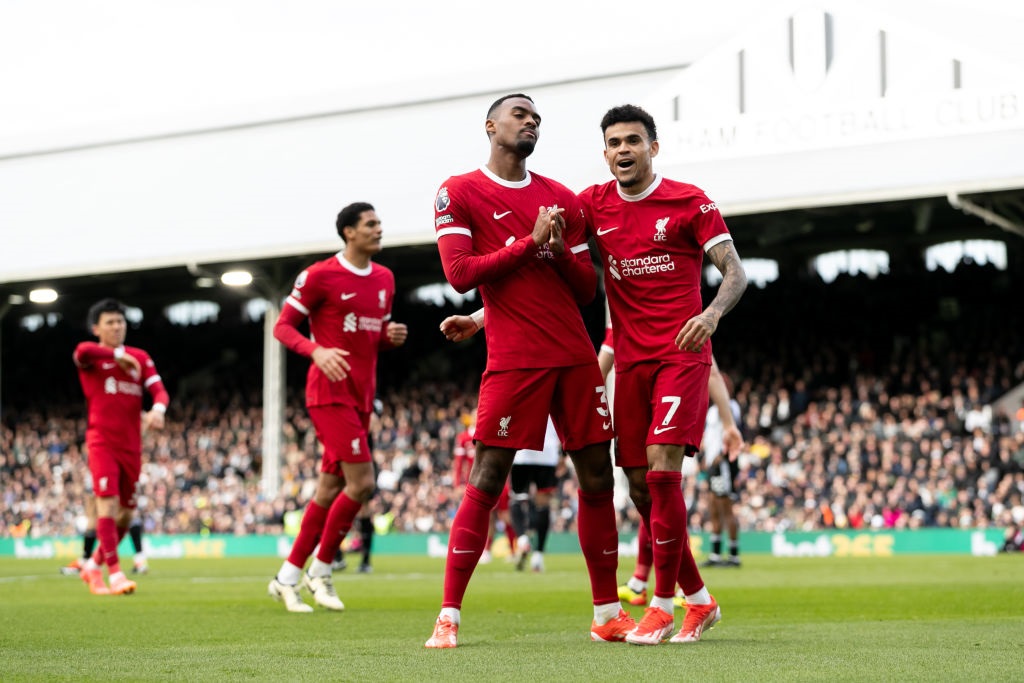 LONDON, ENGLAND - APRIL 21: Ryan Gravenberch of Liverpool celebrates with Luis DÃ­az of Liverpool after scoring his sides second goal during the Premier League match between Fulham FC and Liverpool FC at Craven Cottage on April 21, 2024 in London, England.(Photo by Gaspafotos/MB Media/Getty Images)