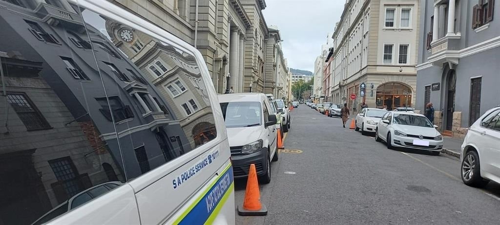 Access to the street outside the Western Cape High Court was strictly limited to police vehicles on Monday, for two high-profile gangsterism cases to proceed. (Jenni Evans/News24)