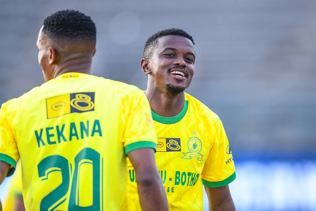 PRETORIA, SOUTH AFRICA - AUGUST 12: Grant Kekana and Teboho Mokoena dancing during the MTN8 quarter final match between Mamelodi Sundowns and Moroka Swallows at Lucas Moripe Stadium on August 12, 2023 in Pretoria, South Africa. (Photo by Lefty Shivambu/Gallo Images)