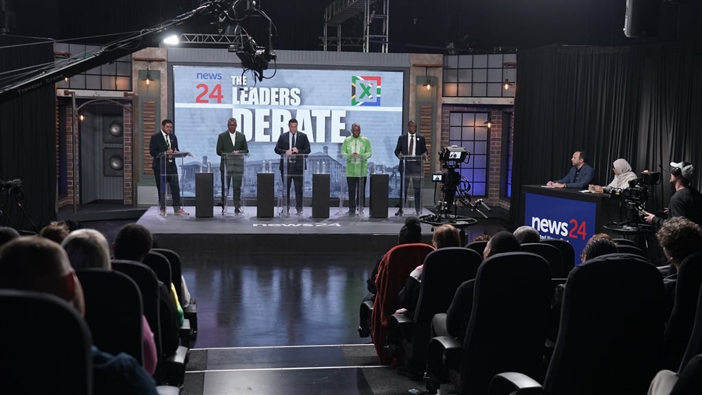 Participants at the first News24 Leaders Debate in Cape Town are Khaled Sayed (ANC), Velenkosini Hlabisa (IFP), John Steenhuisen (DA), Herman Mashaba (ActionSA) and Songezo Zibi (Rise Mzansi). The debate airs on Thursday at 20:00 on News24. (Bertram Malgas/News24)