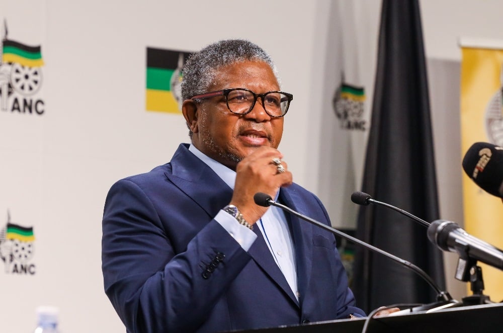 Fikile Mbalula at a media briefing at Luthuli House after the ANC lost the MK trademark court case on 22 April 2024 in Johannesburg. (Luba Lesolle/Gallo Images)