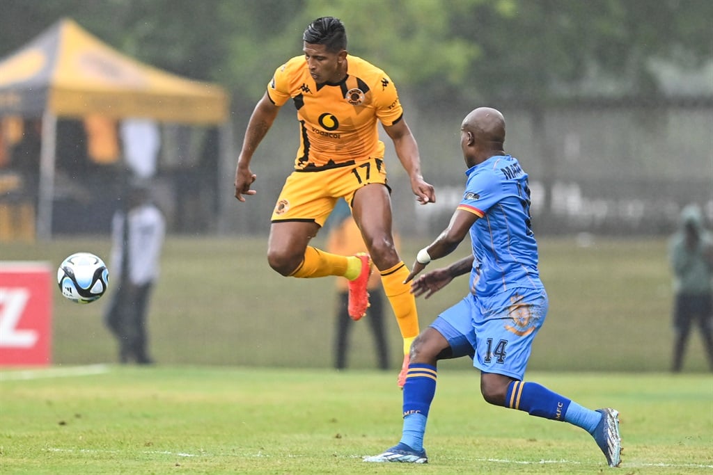 PIETERMARITZBURG, SOUTH AFRICA - FEBRUARY 18: Edson Castillo of Kaizer Chiefs and Thabo Matlaba of Royal AM during the DStv Premiership match between Royal AM and Kaizer Chiefs at Harry Gwala Stadium on February 18, 2024 in Pietermaritzburg, South Africa. (Photo by Darren Stewart/Gallo Images)