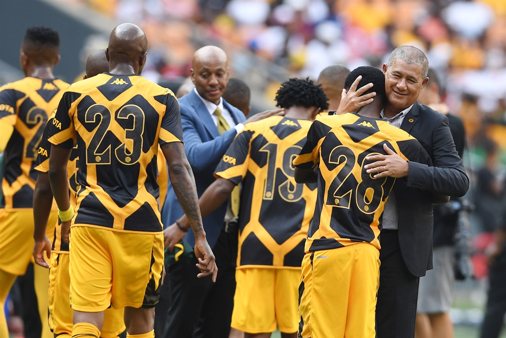 Cavin Johnson with players during the DStv Premiership match between Orlando Pirates and Kaizer Chiefs at FNB Stadium on March 09, 2024 in Johannesburg, South Africa. 