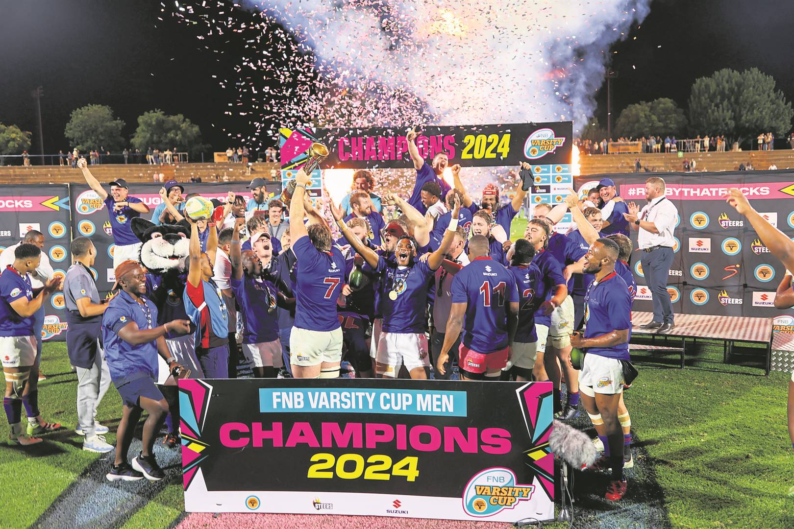 The University of the Free State’s men’s rugby team, the Shimlas, rejoice after winning their second Varsity Cup title on Monday, 22 April.Photo: Supplied