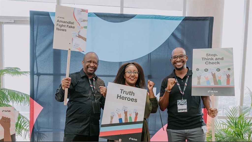 From left: IEC CEO Sy Mamabolo, info finder and media literacy editor at Africa Check, Sarah Lubala  and TikTok public policy and government relations director, Fortune Mgwili-Sibanda. Photo from X