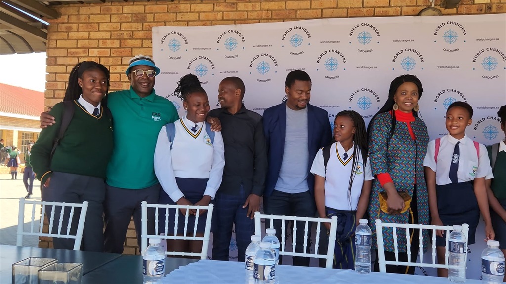 Former Orlando Pirates player Edward Motale (second from left) and Central Drug Authority chairwoman Nandi Mayathula Khoza (second from right) warned pupils about the dangers of using drugs.