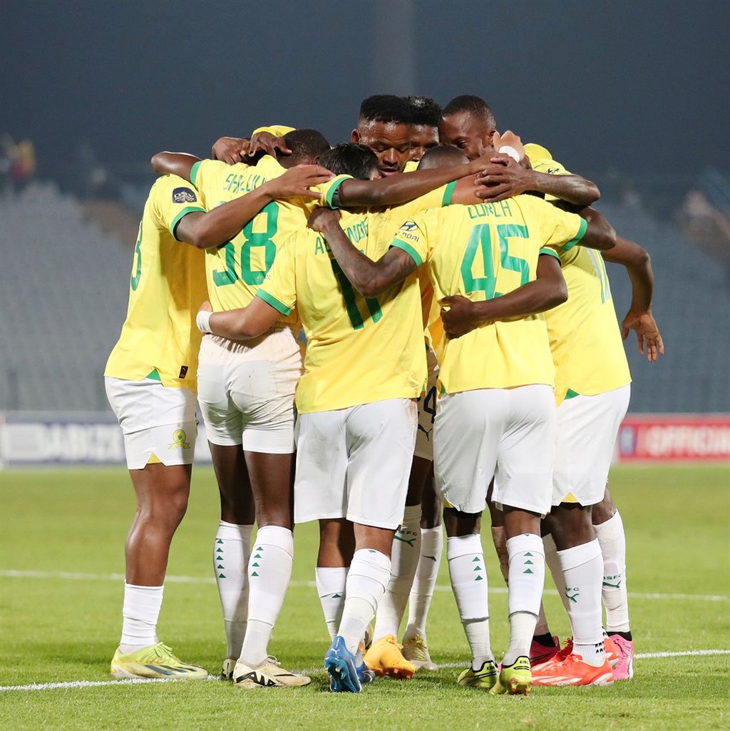 Marcelo Allende of Mamelodi Sundowns celebrates goal with teammates during the DStv Premiership 2023/24 match between Moroka Swallows and Mamelodi Sundowns at the Dobsonville Stadium, Soweto on the 15 April 2024.