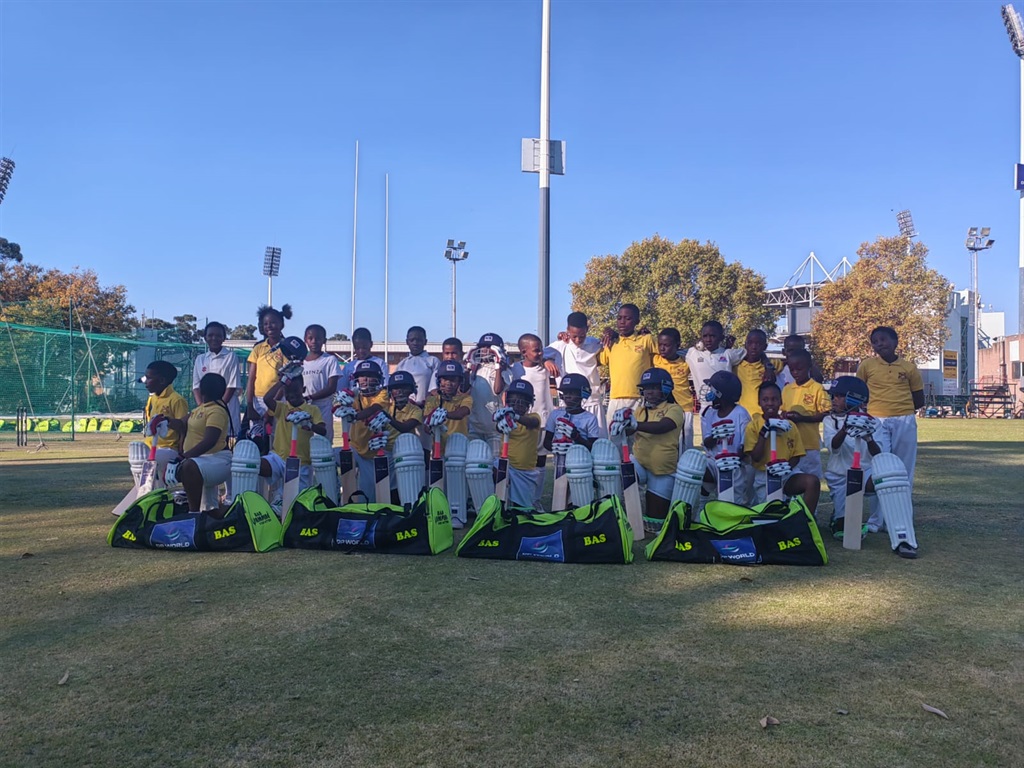 Pupils from Alexandra and Soweto primary schools receive cricket kit bags from the Lions, courtesy of their headline sponsors DP World, during a handover ceremony at DP World Wanderers Stadium in Johannesburg on 22 April 2024.