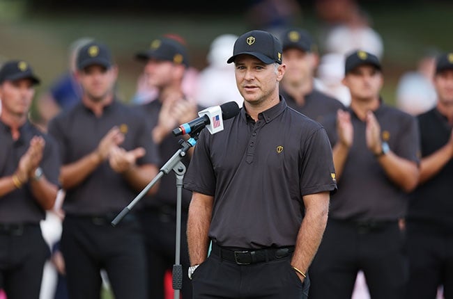 South African golfer Trevor Immelman makes a speech as International team captain at the 2022 Presidents Cup. (Rob Carr/Getty Images)