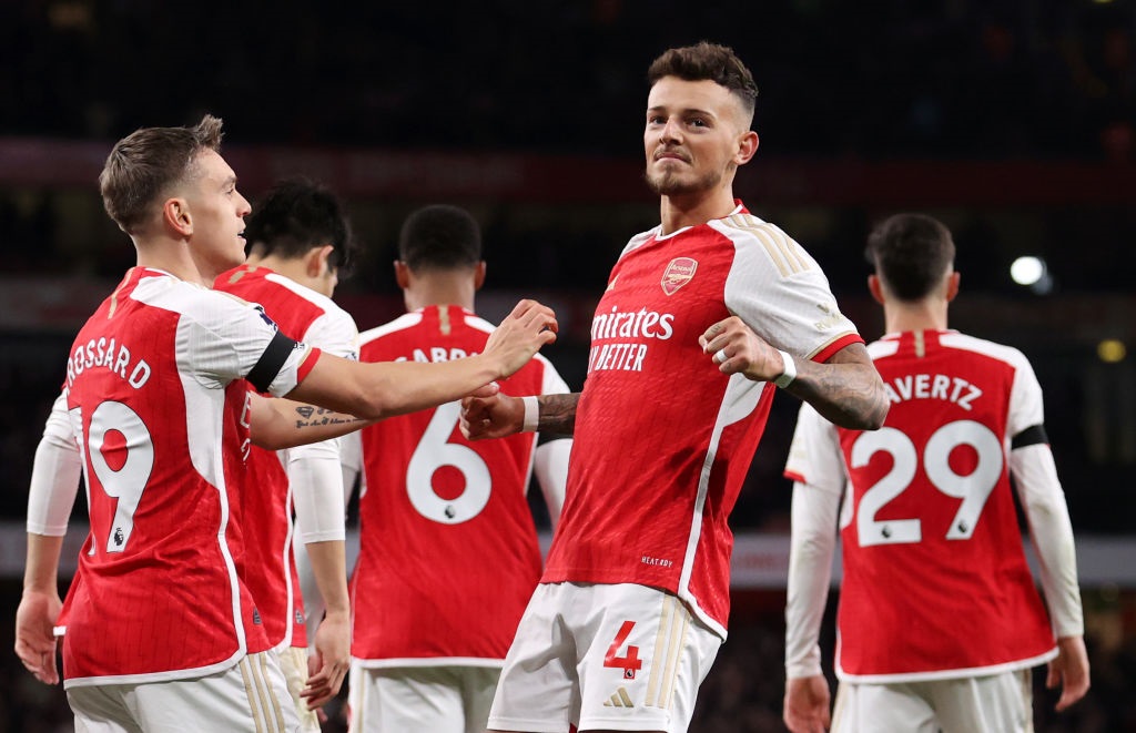 LONDON, ENGLAND - APRIL 23: Ben White of Arsenal celebrates scoring his teams second goal during the Premier League match between Arsenal FC and Chelsea FC at Emirates Stadium on April 23, 2024 in London, England. (Photo by Julian Finney/Getty Images)