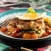 Bubble and squeak with fried egg and tomato relish